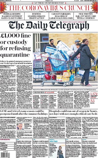 The Daily Telegraph Newspaper Front Page (UK) for 16 March 2020