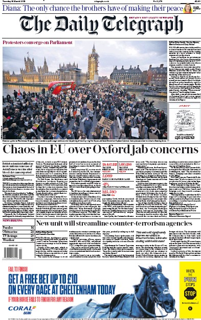 The Daily Telegraph Newspaper Front Page (UK) for 16 March 2021