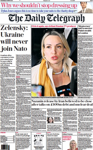 The Daily Telegraph Newspaper Front Page (UK) for 16 March 2022