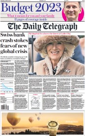 The Daily Telegraph front page for 16 March 2023