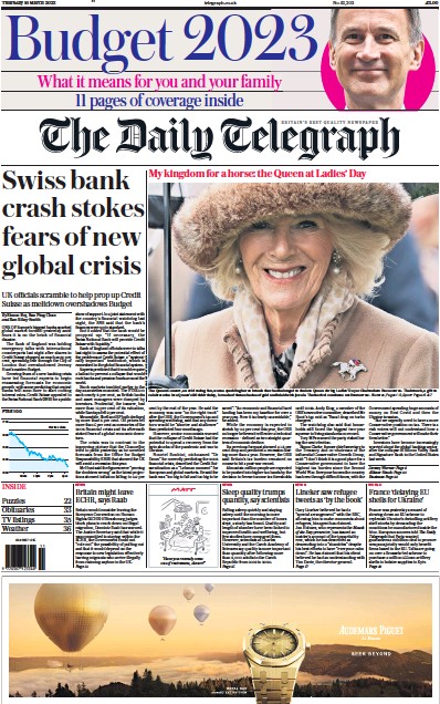 The Daily Telegraph Newspaper Front Page (UK) for 16 March 2023