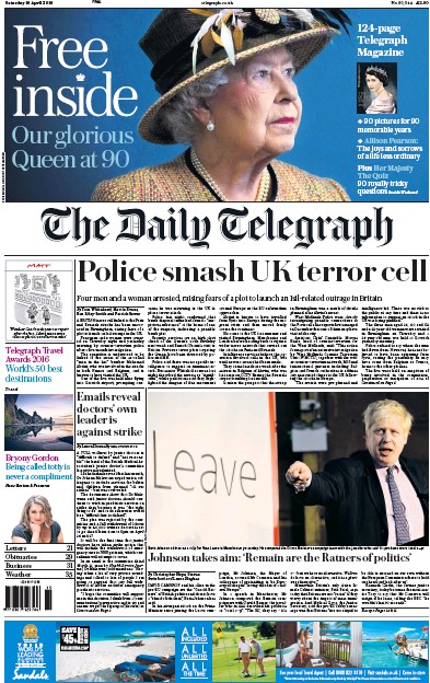 The Daily Telegraph Newspaper Front Page (UK) for 16 April 2016