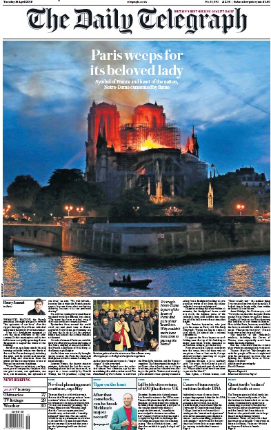 The Daily Telegraph Newspaper Front Page (UK) for 16 April 2019