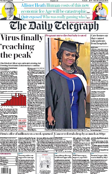 The Daily Telegraph Newspaper Front Page (UK) for 16 April 2020