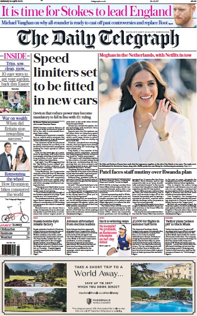 The Daily Telegraph Newspaper Front Page (UK) for 16 April 2022
