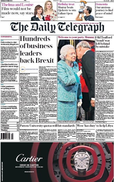 The Daily Telegraph Newspaper Front Page (UK) for 16 May 2016