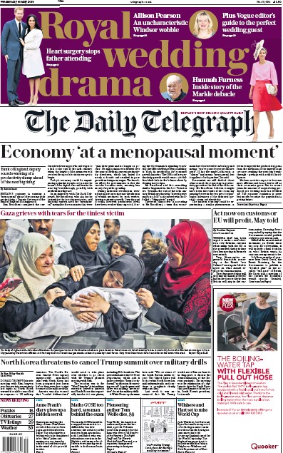 The Daily Telegraph Newspaper Front Page (UK) for 16 May 2018