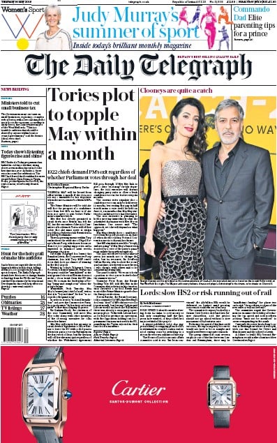 The Daily Telegraph Newspaper Front Page (UK) for 16 May 2019