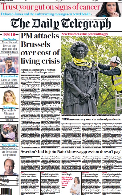 The Daily Telegraph Newspaper Front Page (UK) for 16 May 2022