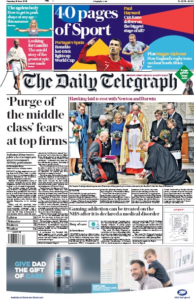 The Daily Telegraph Newspaper Front Page (UK) for 16 June 2018