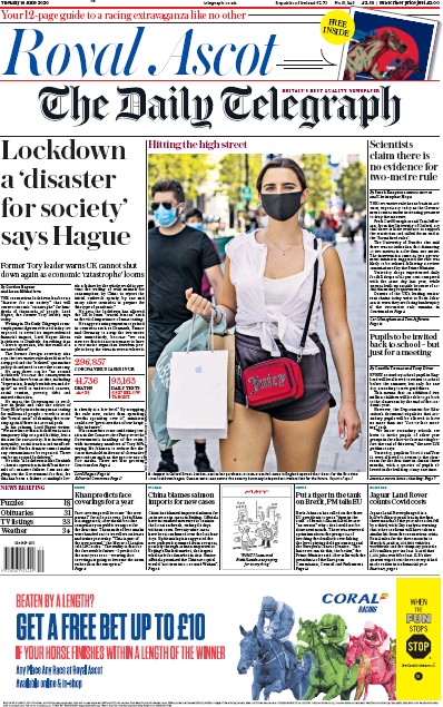 The Daily Telegraph Newspaper Front Page (UK) for 16 June 2020
