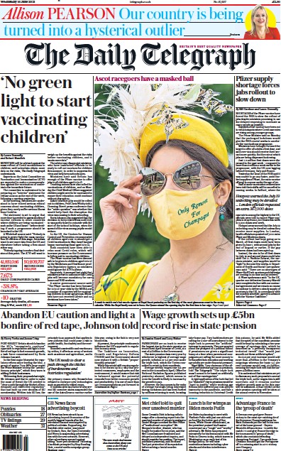 The Daily Telegraph Newspaper Front Page (UK) for 16 June 2021