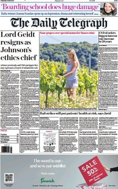 The Daily Telegraph Newspaper Front Page (UK) for 16 June 2022