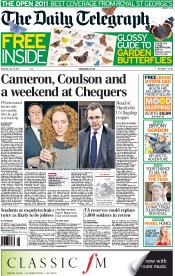 The Daily Telegraph Newspaper Front Page (UK) for 16 July 2011