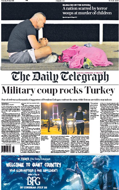 The Daily Telegraph Newspaper Front Page (UK) for 16 July 2016