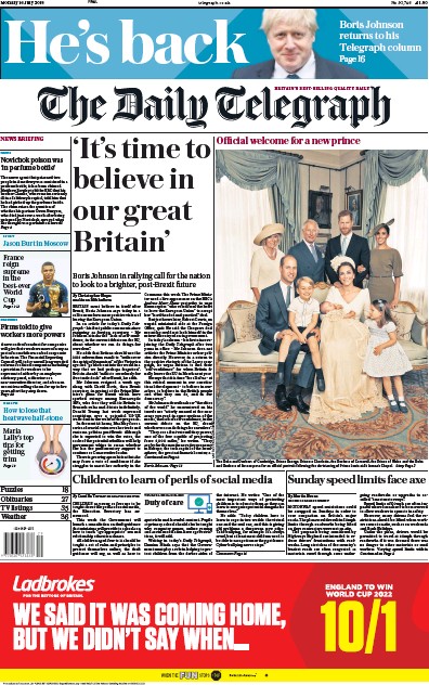 The Daily Telegraph Newspaper Front Page (UK) for 16 July 2018