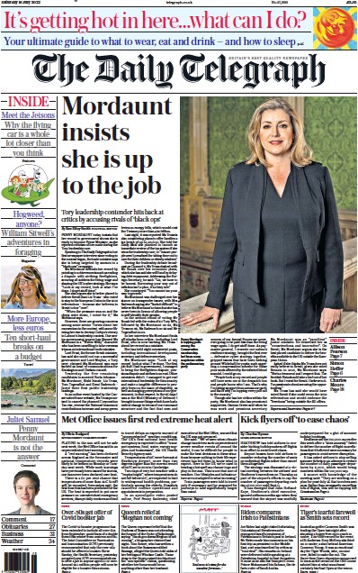 The Daily Telegraph Newspaper Front Page (UK) for 16 July 2022