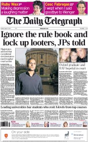 The Daily Telegraph Newspaper Front Page (UK) for 16 August 2011