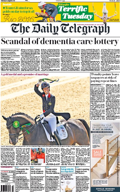 The Daily Telegraph Newspaper Front Page (UK) for 16 August 2016