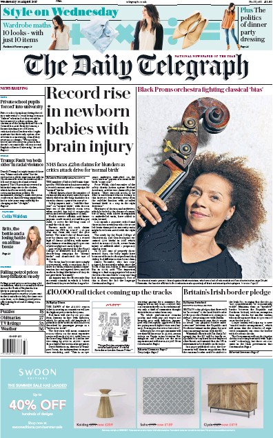 The Daily Telegraph Newspaper Front Page (UK) for 16 August 2017
