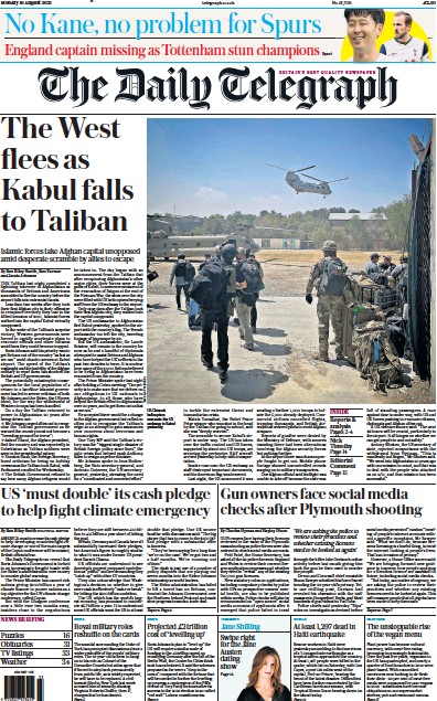 The Daily Telegraph Newspaper Front Page (UK) for 16 August 2021