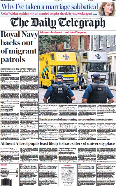 The Daily Telegraph Newspaper Front Page (UK) for 16 August 2022