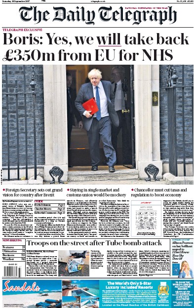 The Daily Telegraph Newspaper Front Page (UK) for 16 September 2017