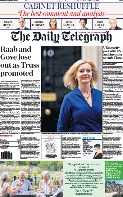 The Daily Telegraph Newspaper Front Page (UK) for 16 September 2021