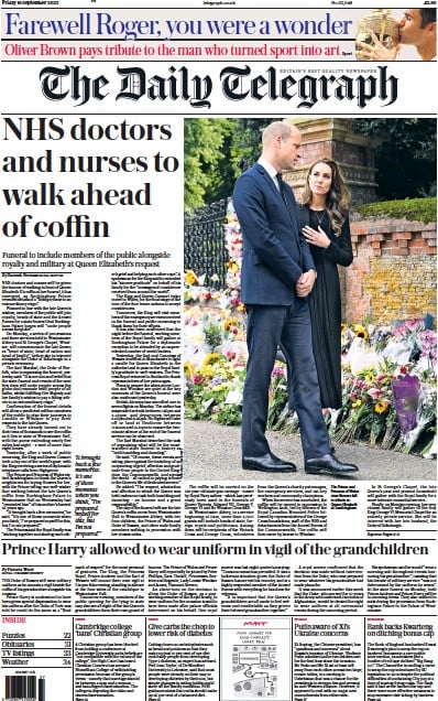The Daily Telegraph Newspaper Front Page (UK) for 16 September 2022