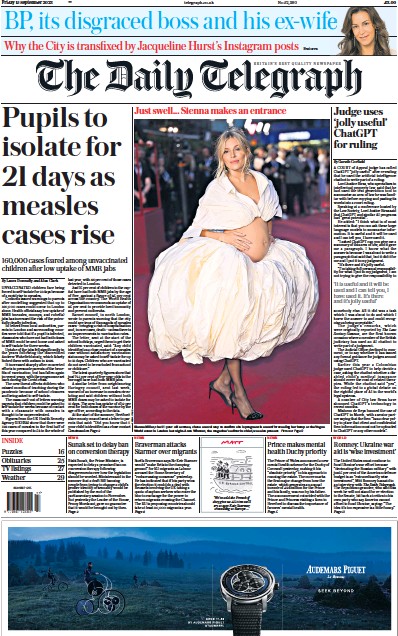 The Daily Telegraph Newspaper Front Page (UK) for 16 September 2023