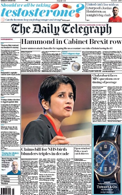 The Daily Telegraph Newspaper Front Page (UK) for 17 October 2016