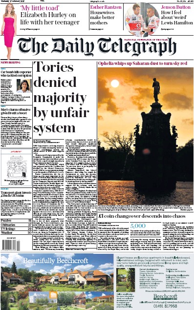 The Daily Telegraph Newspaper Front Page (UK) for 17 October 2017