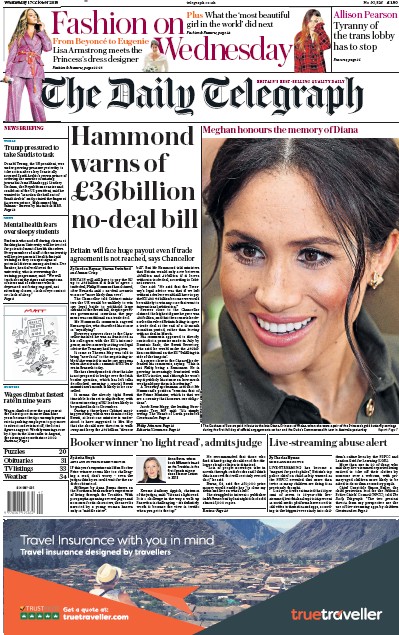 The Daily Telegraph Newspaper Front Page (UK) for 17 October 2018