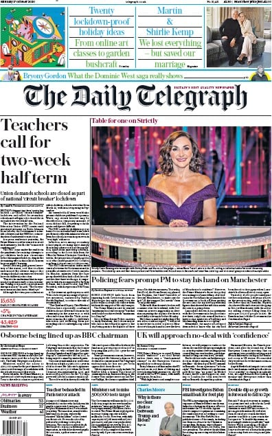 The Daily Telegraph Newspaper Front Page (UK) for 17 October 2020