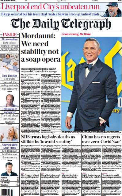 The Daily Telegraph Newspaper Front Page (UK) for 17 October 2022