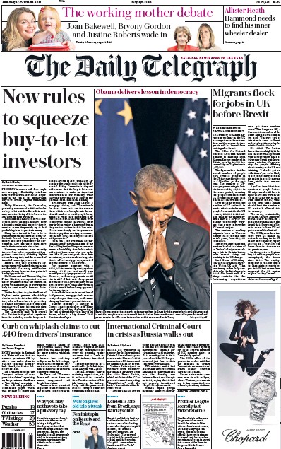 The Daily Telegraph Newspaper Front Page (UK) for 17 November 2016