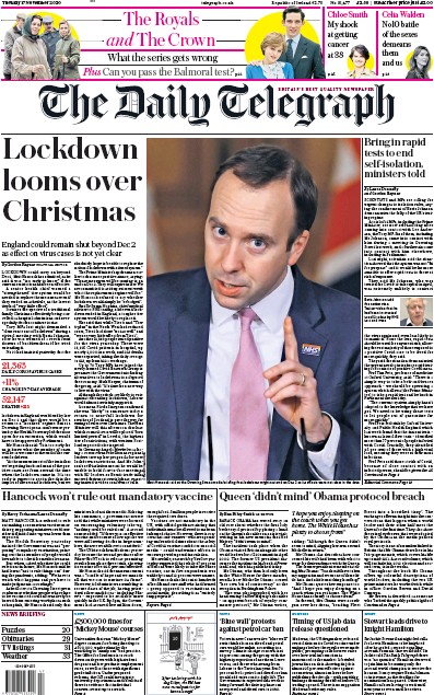 The Daily Telegraph Newspaper Front Page (UK) for 17 November 2020