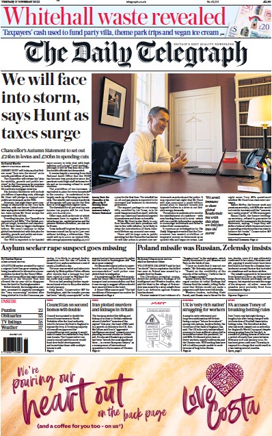 The Daily Telegraph Newspaper Front Page (UK) for 17 November 2022