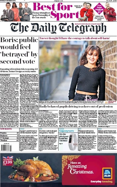 The Daily Telegraph Newspaper Front Page (UK) for 17 December 2018