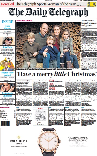 The Daily Telegraph Newspaper Front Page (UK) for 17 December 2020
