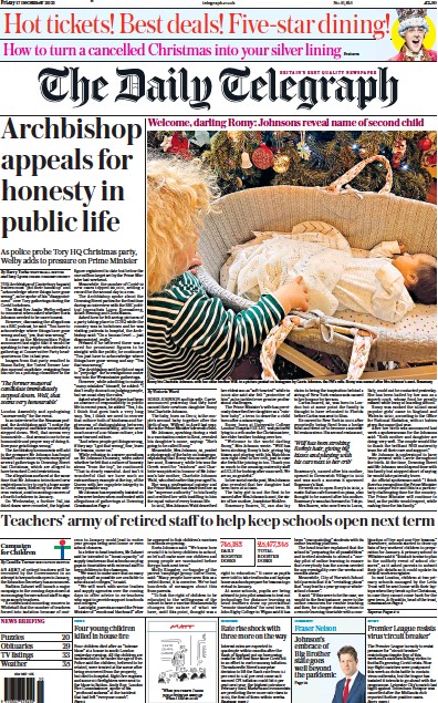 The Daily Telegraph Newspaper Front Page (UK) for 17 December 2021