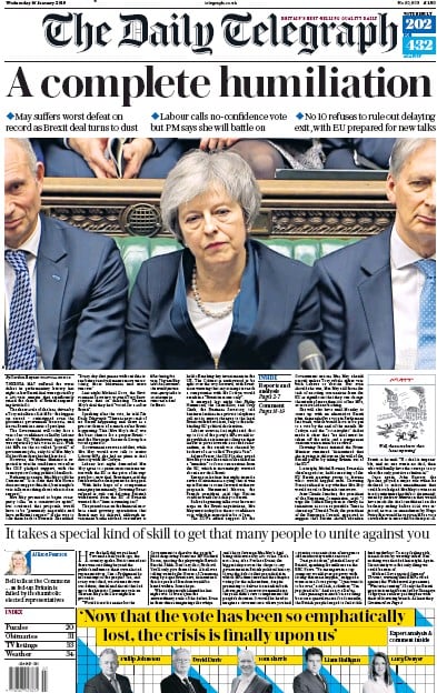 The Daily Telegraph Newspaper Front Page (UK) for 17 January 2019