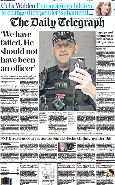 The Daily Telegraph Newspaper Front Page (UK) for 17 January 2023