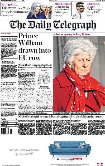 The Daily Telegraph Newspaper Front Page (UK) for 17 February 2016