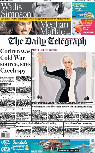 The Daily Telegraph Newspaper Front Page (UK) for 17 February 2018