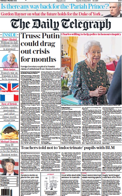 The Daily Telegraph Newspaper Front Page (UK) for 17 February 2022