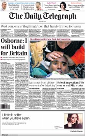 The Daily Telegraph Newspaper Front Page (UK) for 17 March 2014