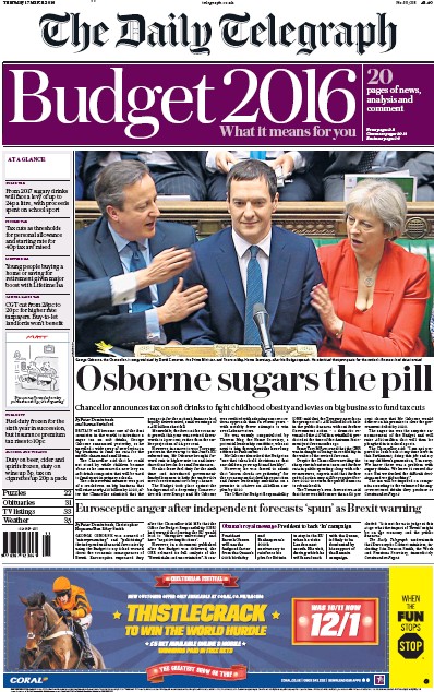 The Daily Telegraph Newspaper Front Page (UK) for 17 March 2016