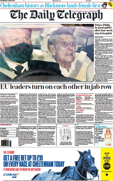 The Daily Telegraph Newspaper Front Page (UK) for 17 March 2021