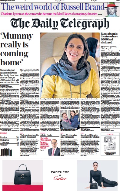 The Daily Telegraph Newspaper Front Page (UK) for 17 March 2022